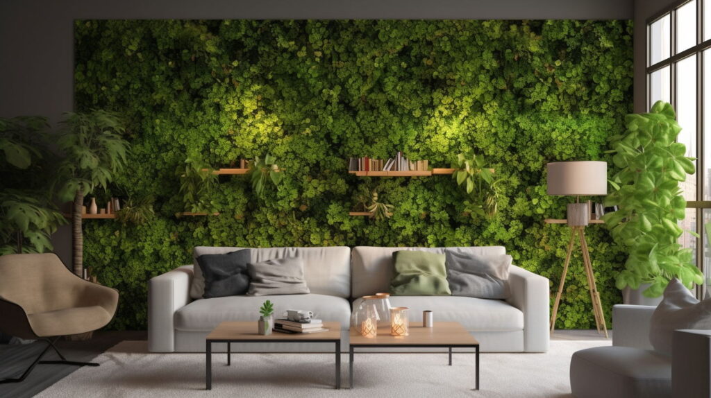Artificial plant wall in living room interior