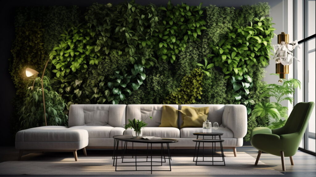Artificial green wall behind sofa in living room