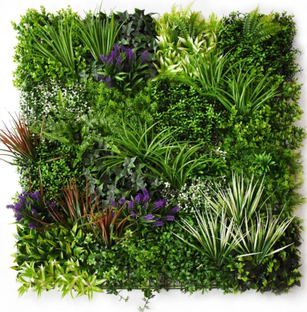 1M111 purple accent tropical foliage artificial green wall panel 100 x 100 cm