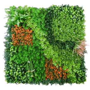 1M116 orange accent botanical patchwork artificial green wall panel 100 x 100 cm