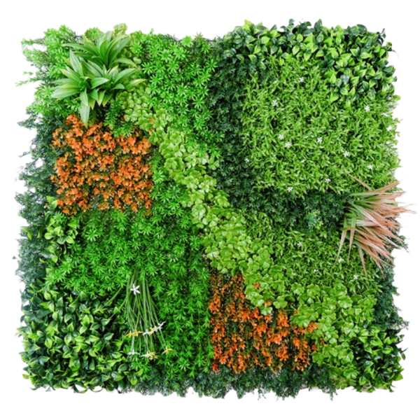 1M116 orange accent botanical patchwork artificial green wall panel 100 x 100 cm