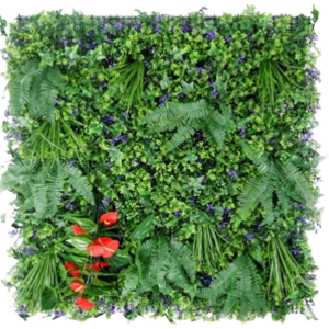1M125 purple accent fern with red flowers artificial green wall panel 100 x 100 cm
