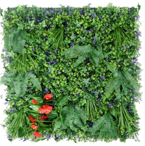 1M125 purple accent fern with red flowers artificial green wall panel 100 x 100 cm