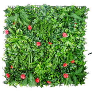 1M129 red rose fern foliage artificial green wall panel 100 x 100 cm