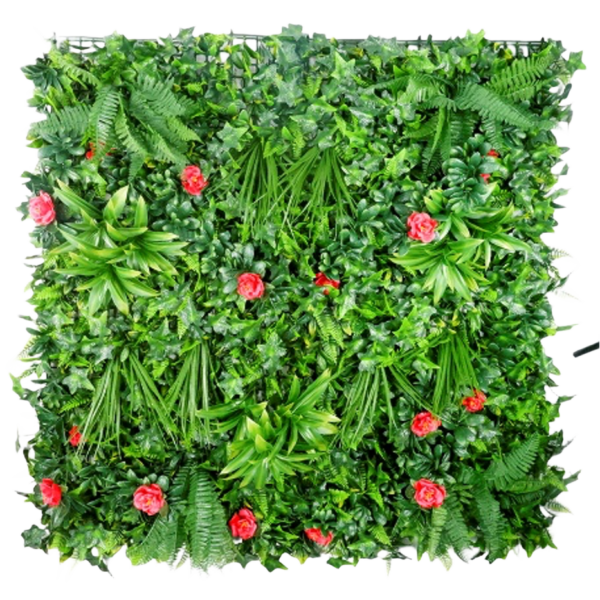 1M129 red rose fern foliage artificial green wall panel 100 x 100 cm