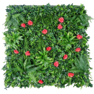 1M135 red rose tropical foliage artificial green wall panel 100 x 100 cm