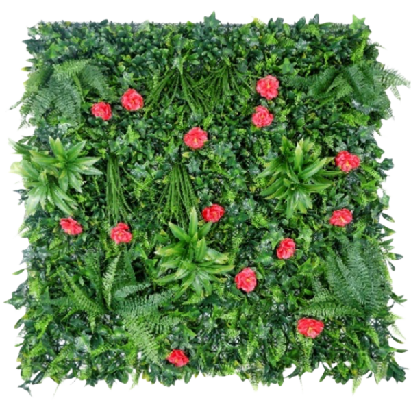 1M135 red rose tropical foliage artificial green wall panel 100 x 100 cm