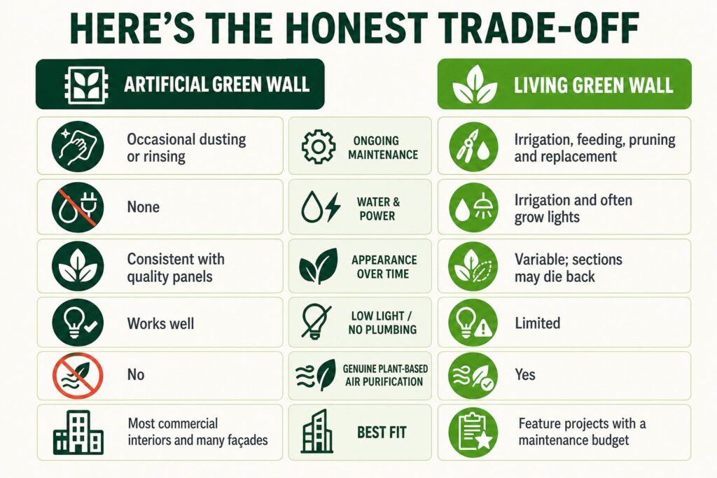 Artificial green wall vs living green wall comparison: maintenance, water and power, appearance over time, low light, air purification and best fit