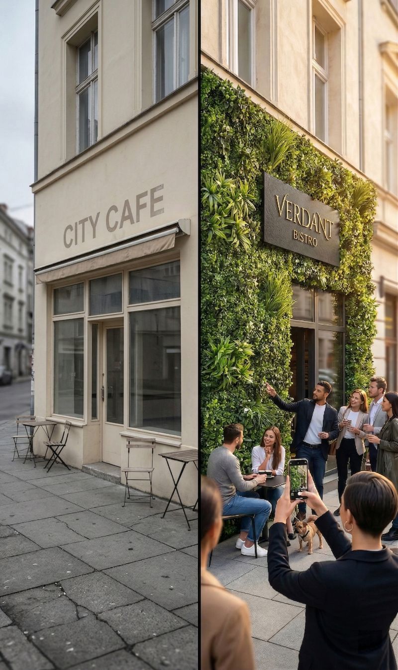 Artificial green walls for restaurants: a plain cafe exterior transformed by a green wall facade