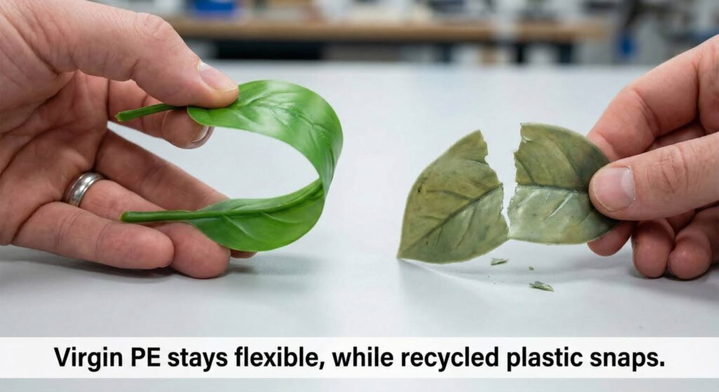 Flex test comparing virgin PE artificial leaf staying flexible versus recycled plastic leaf snapping