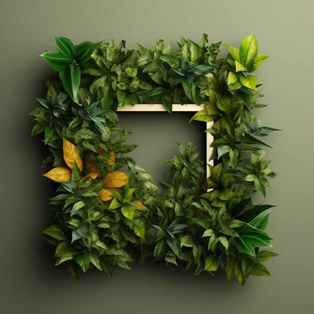 Artificial foliage photo frame mounted on a green wall as an indoor plant wall design concept