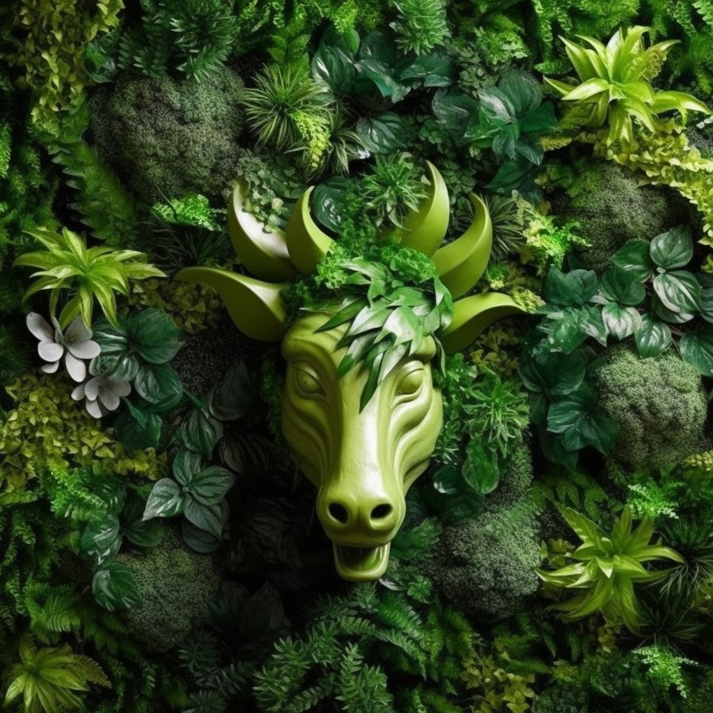 Deer head sculpture mounted on an artificial foliage green wall