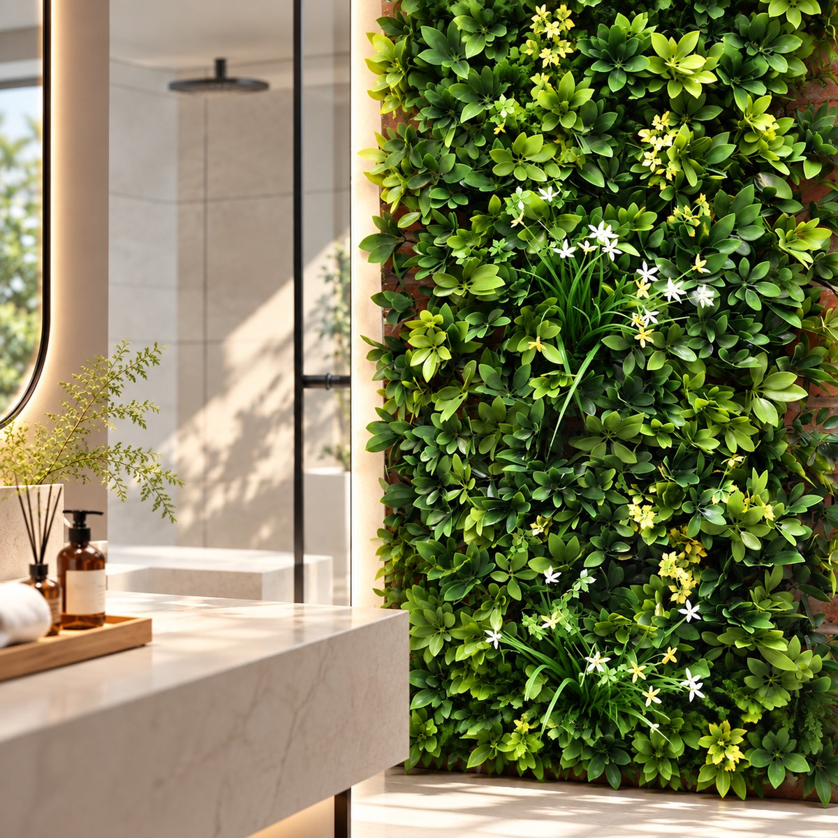 Artificial green wall panel behind a bathroom vanity, with white flowers among boxwood foliage