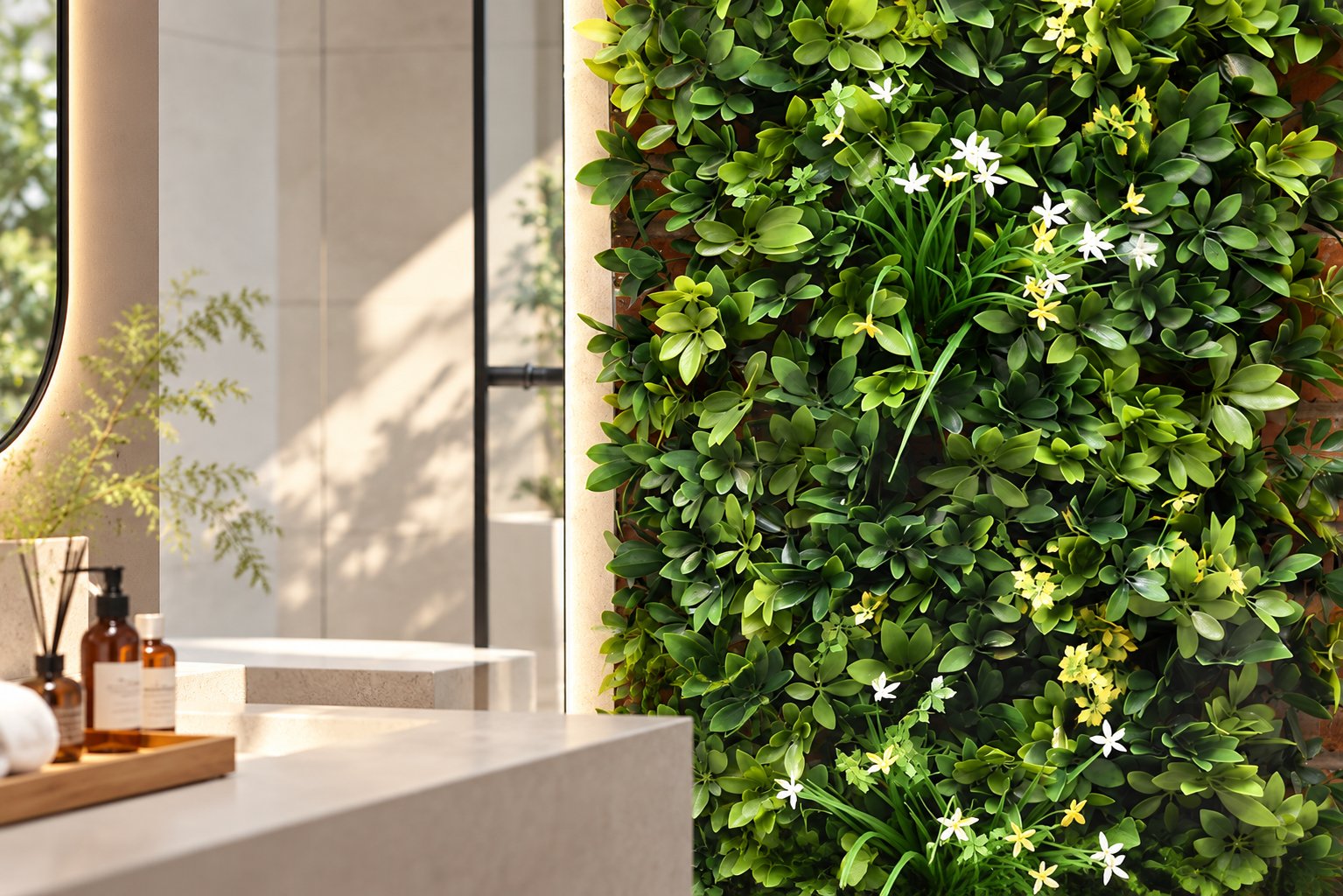 Artificial green wall panel behind a bathroom vanity, with white flowers among boxwood foliage