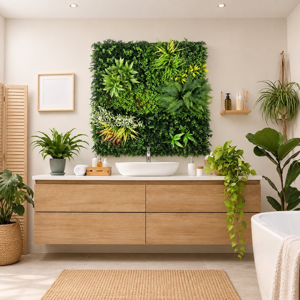 Artificial green wall panel above a bathroom vanity in a modern home