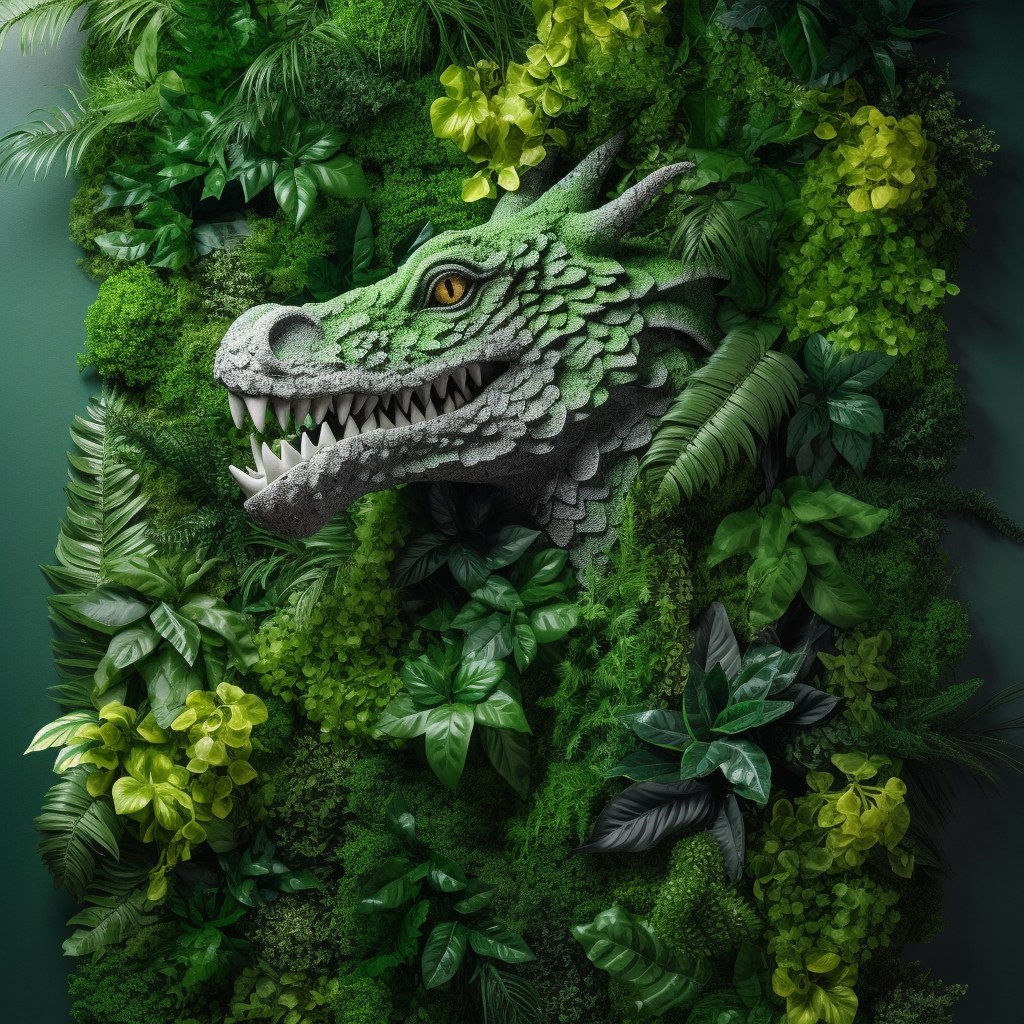 Dragon head sculpture set into an artificial green wall feature panel