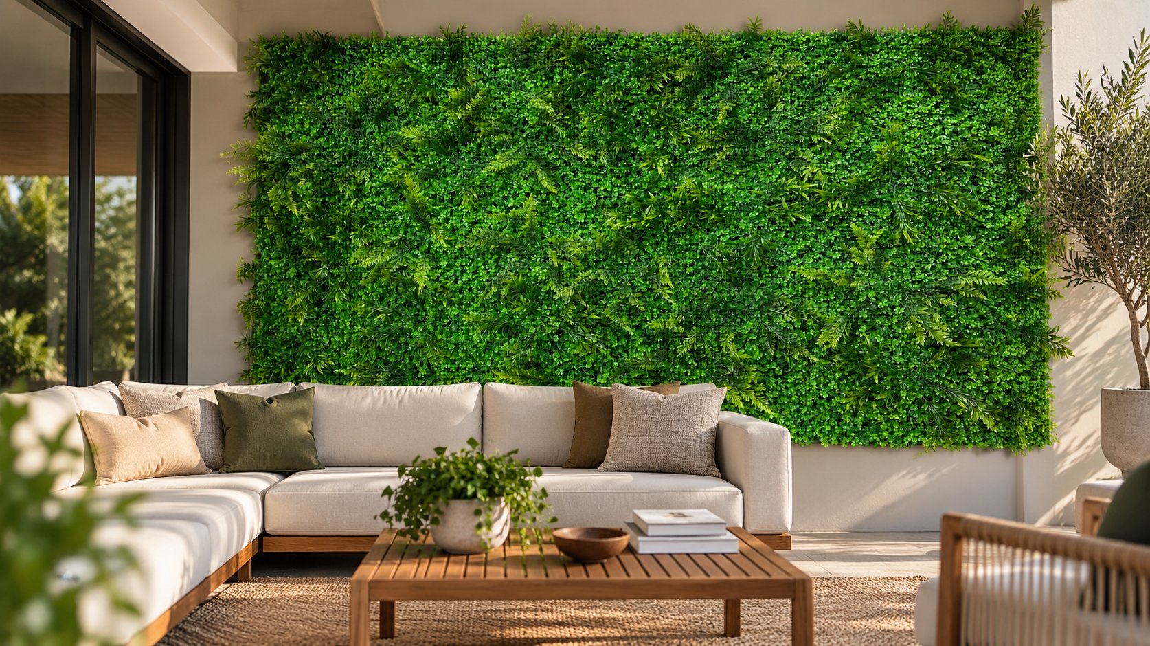 Artificial plant wall in living room interior