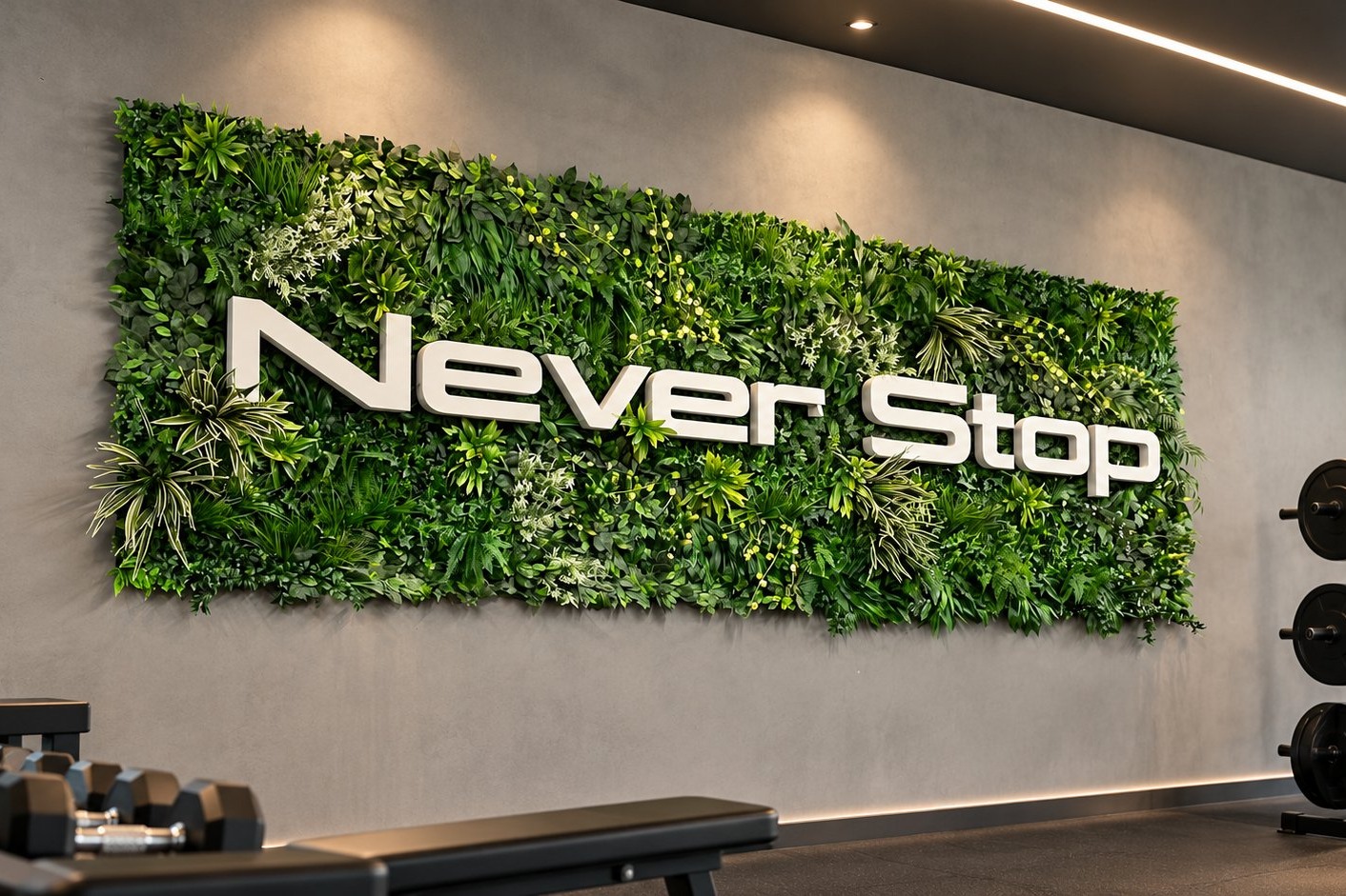 Artificial green wall panel with illuminated Never Stop signage in a gym
