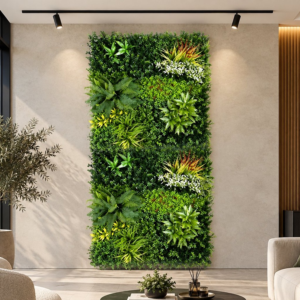 Artificial green wall panel in a living room interior