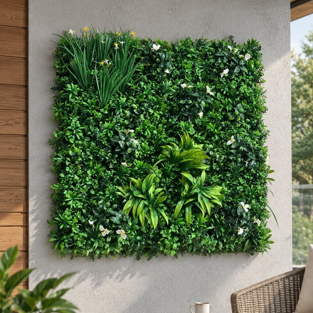 Artificial green wall panel installed on an outdoor wall