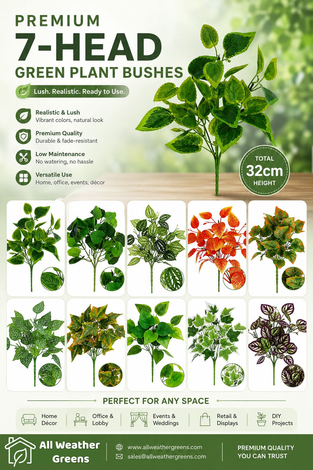 Artificial plant bushes wholesale: 7-stem foliage bushes in 30+ leaf styles from All Weather Greens