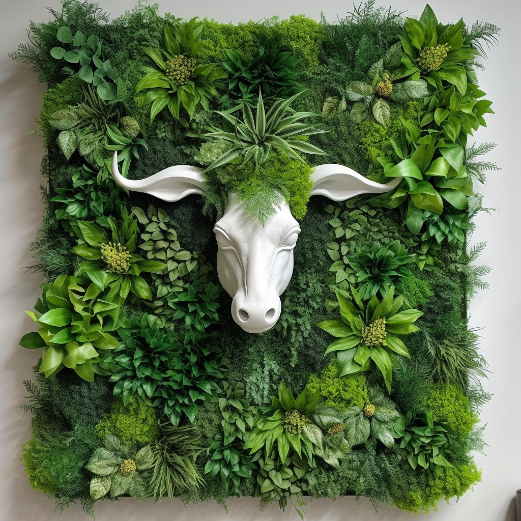 Artificial plant wall with a mounted bull head sculpture used as a feature wall