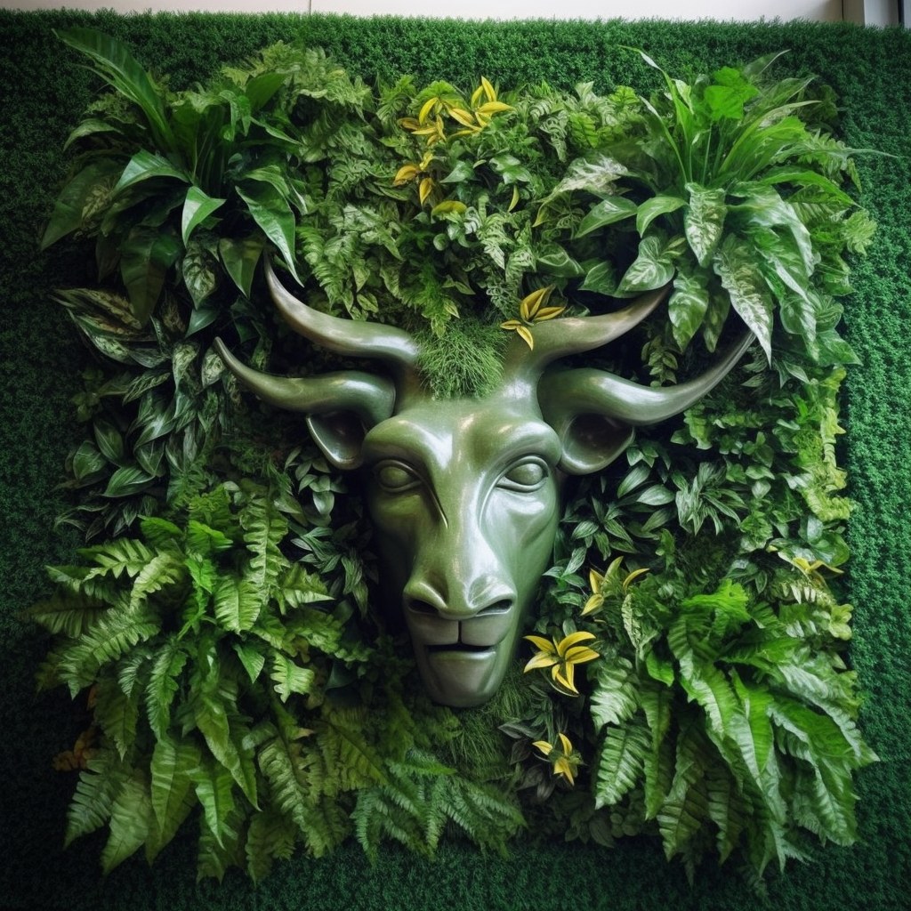 Bull head sculpture mounted on a dense artificial tropical foliage wall