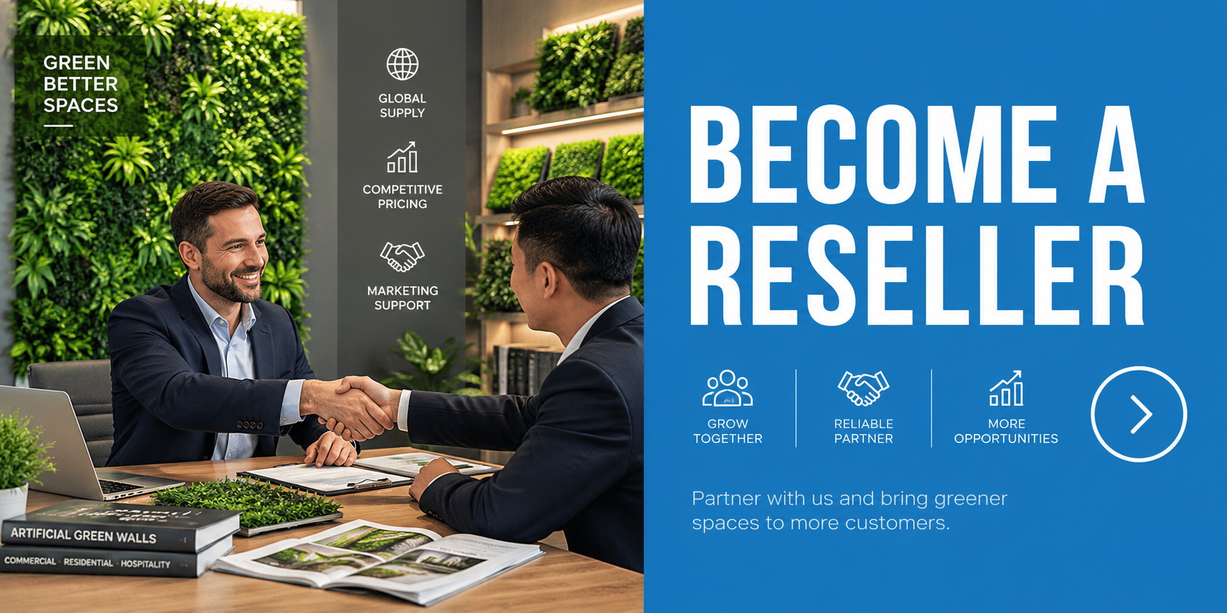 Become an AllWeatherGreens artificial green wall reseller — global supply, competitive pricing, marketing support