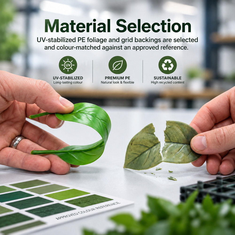 Artificial green wall foliage and colour reference swatches used for material selection
