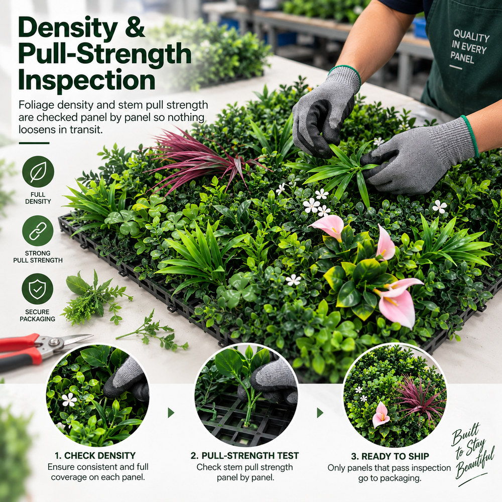 Dense boxwood artificial green wall panel checked for foliage density and pull strength