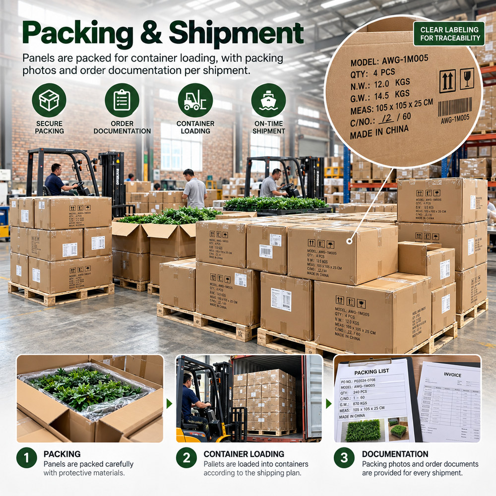 Finished artificial green wall panel packed for container shipment
