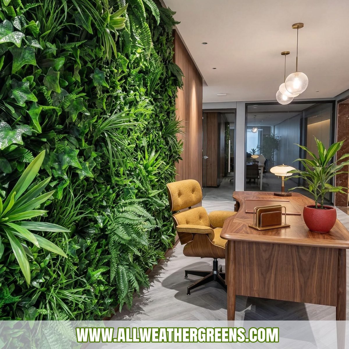 Artificial green wall installed in a modern office reception by All Weather Greens