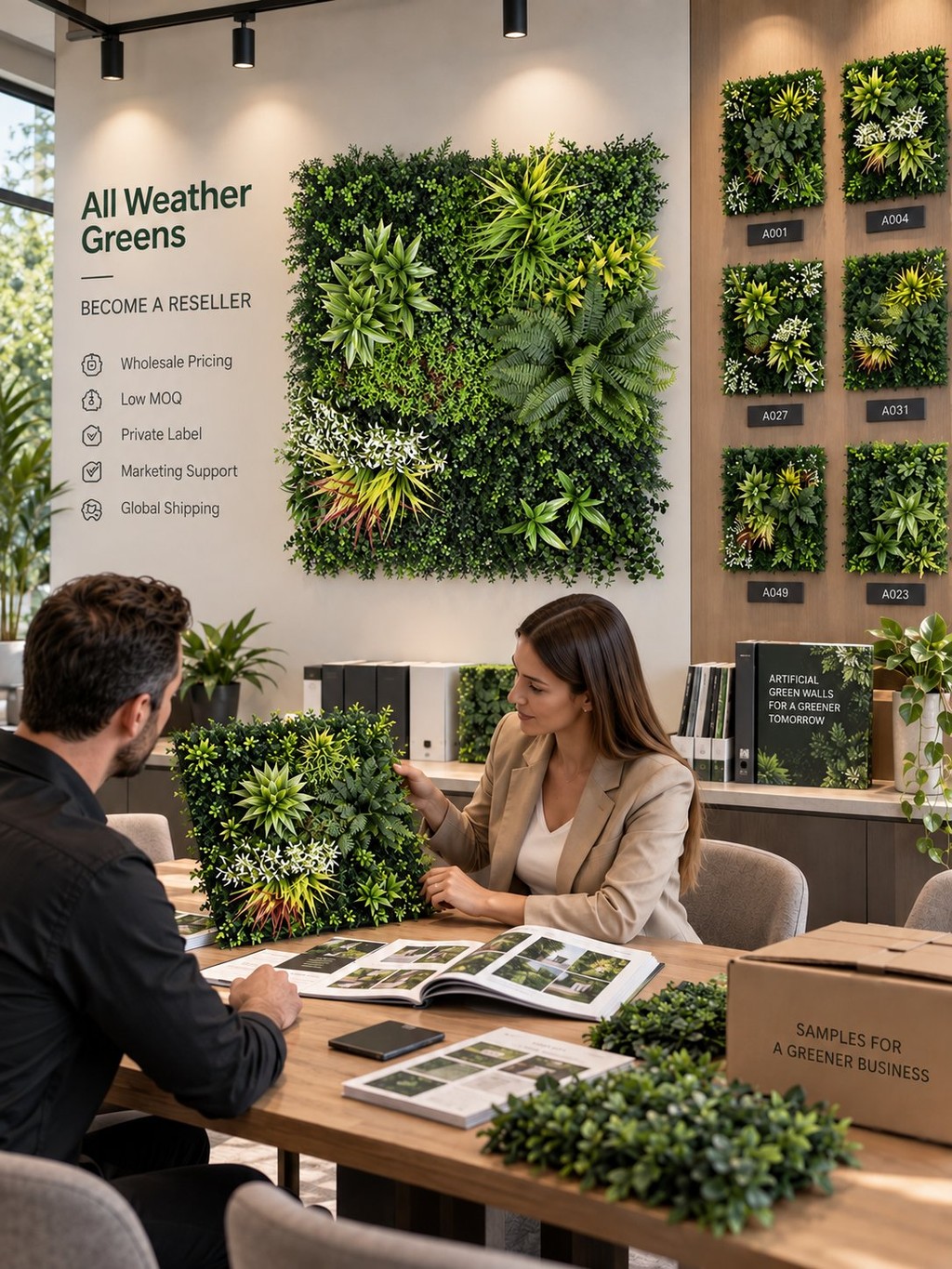 All Weather Greens reseller consultation meeting with artificial green wall samples