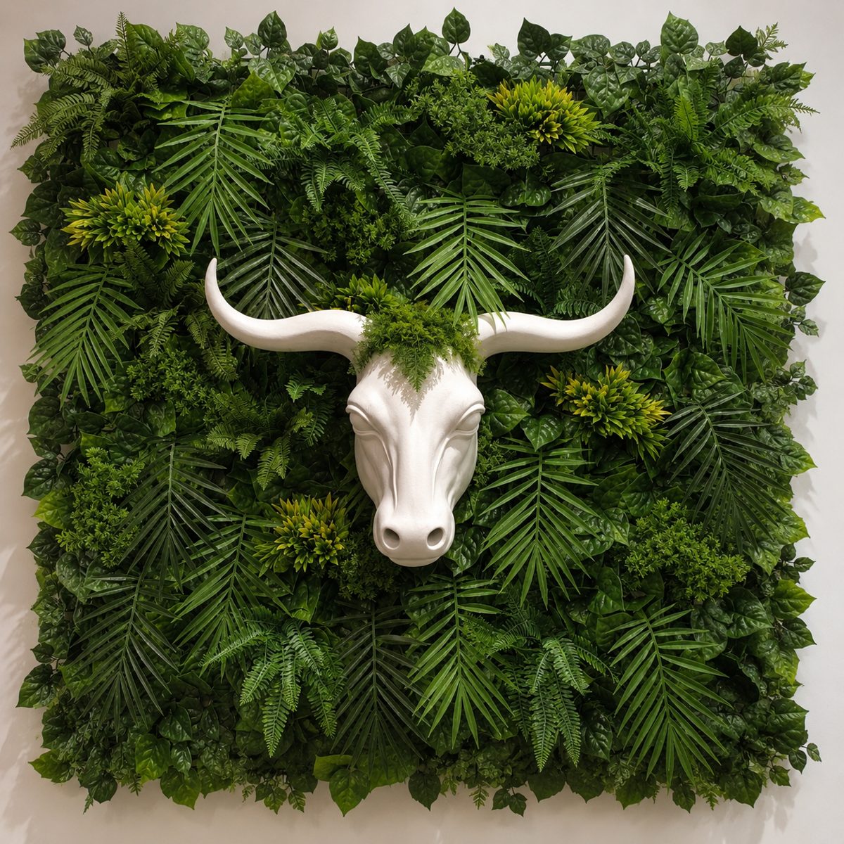 Custom artificial green wall with white bull head sculpture - DIY plant wall design