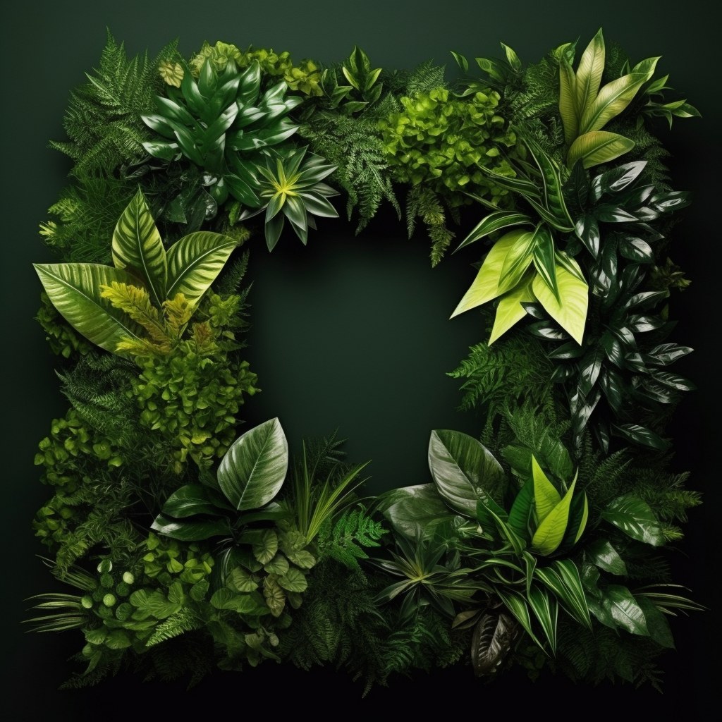 Circular artificial foliage wall frame with mixed tropical leaves on a dark green wall