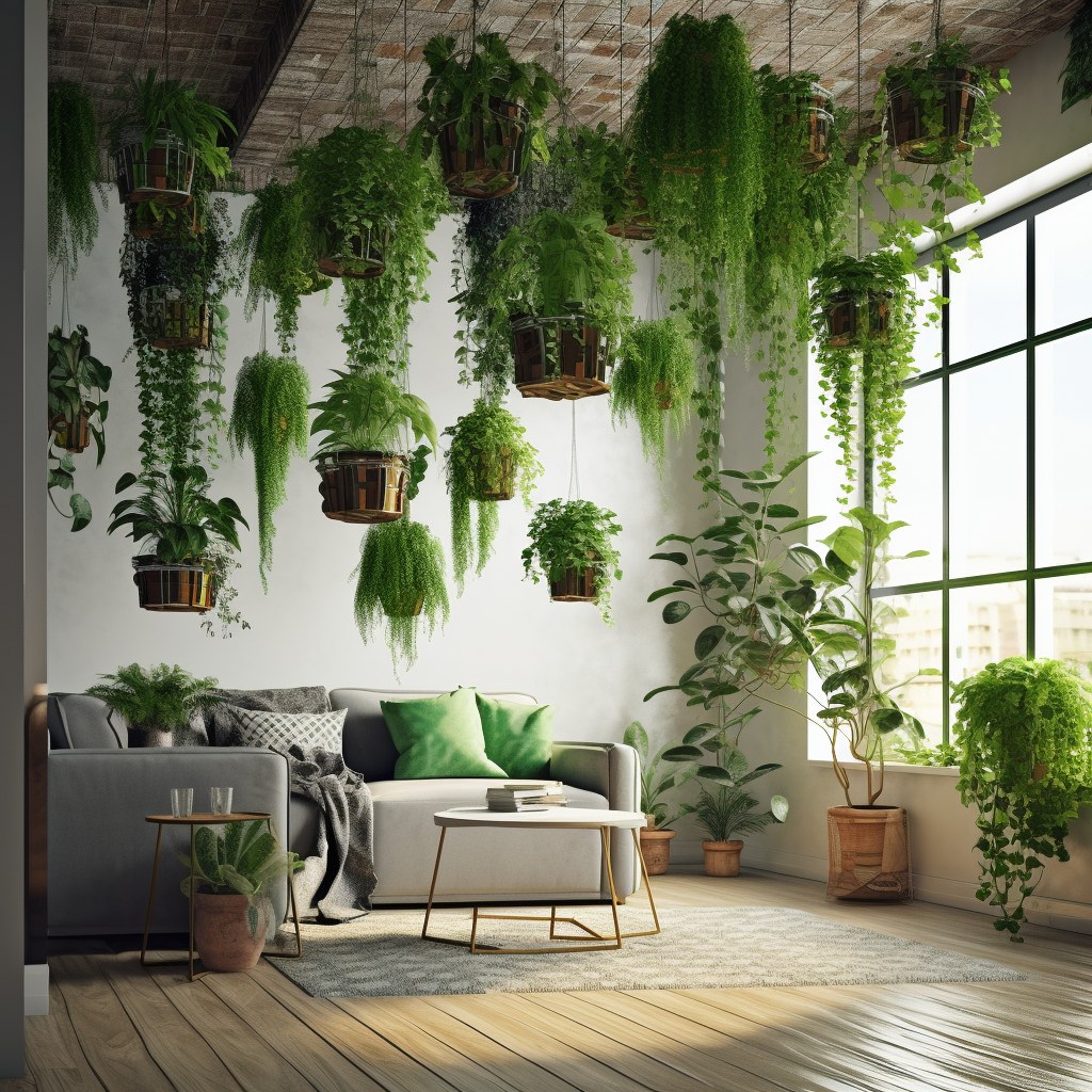 Hanging artificial greenery and a sofa beside large windows in a living room