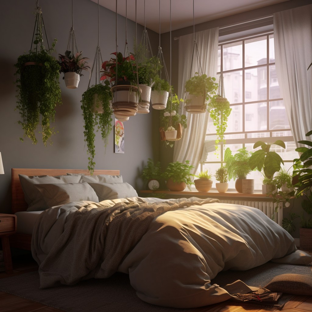 Hanging artificial plants beside a window in a bedroom for maintenance-free greenery