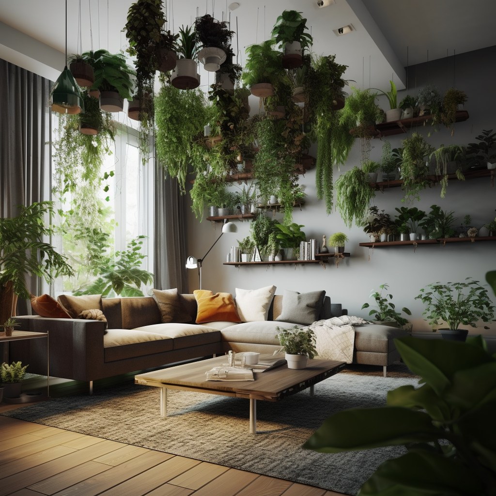 Living room sofa corner with hanging artificial plants and shelves of greenery