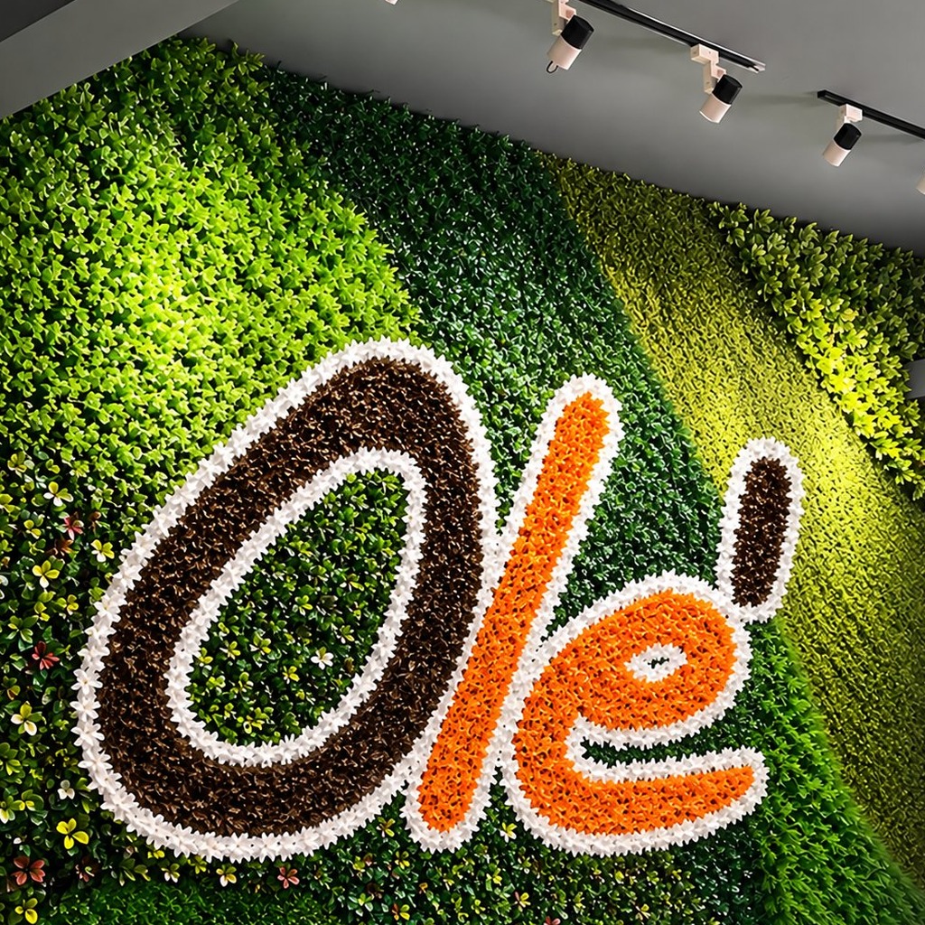 Olé retail store artificial green wall with preserved moss logo