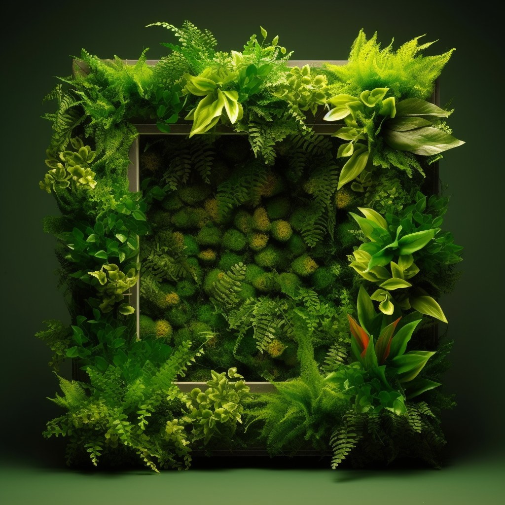 Square artificial green wall photo frame with dense tropical foliage surround