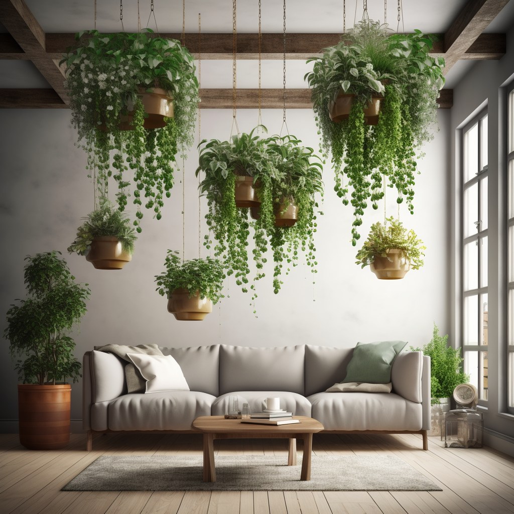 Tiered hanging artificial plants suspended above a sofa in a living room