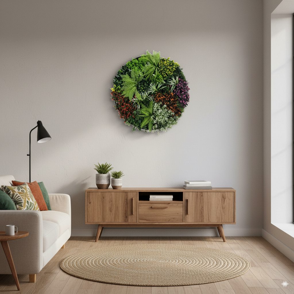 Circular artificial plant frame as living room wall decor