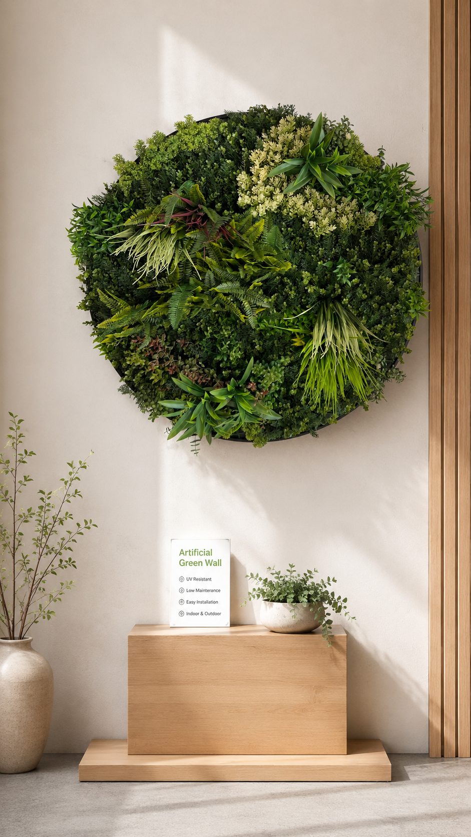 Round artificial plant frame displayed above a wooden pedestal