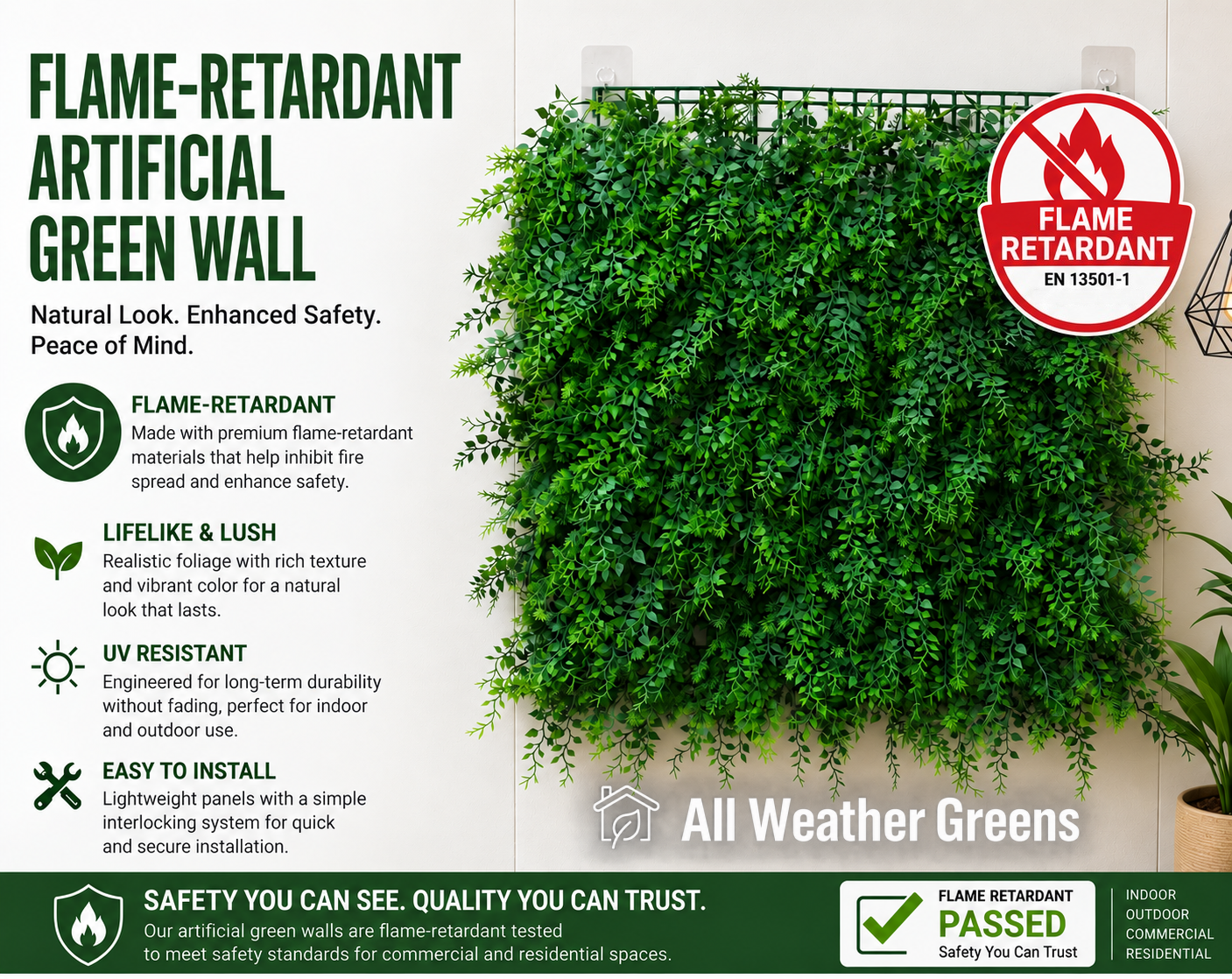 Flame-retardant artificial green wall panel for commercial interiors