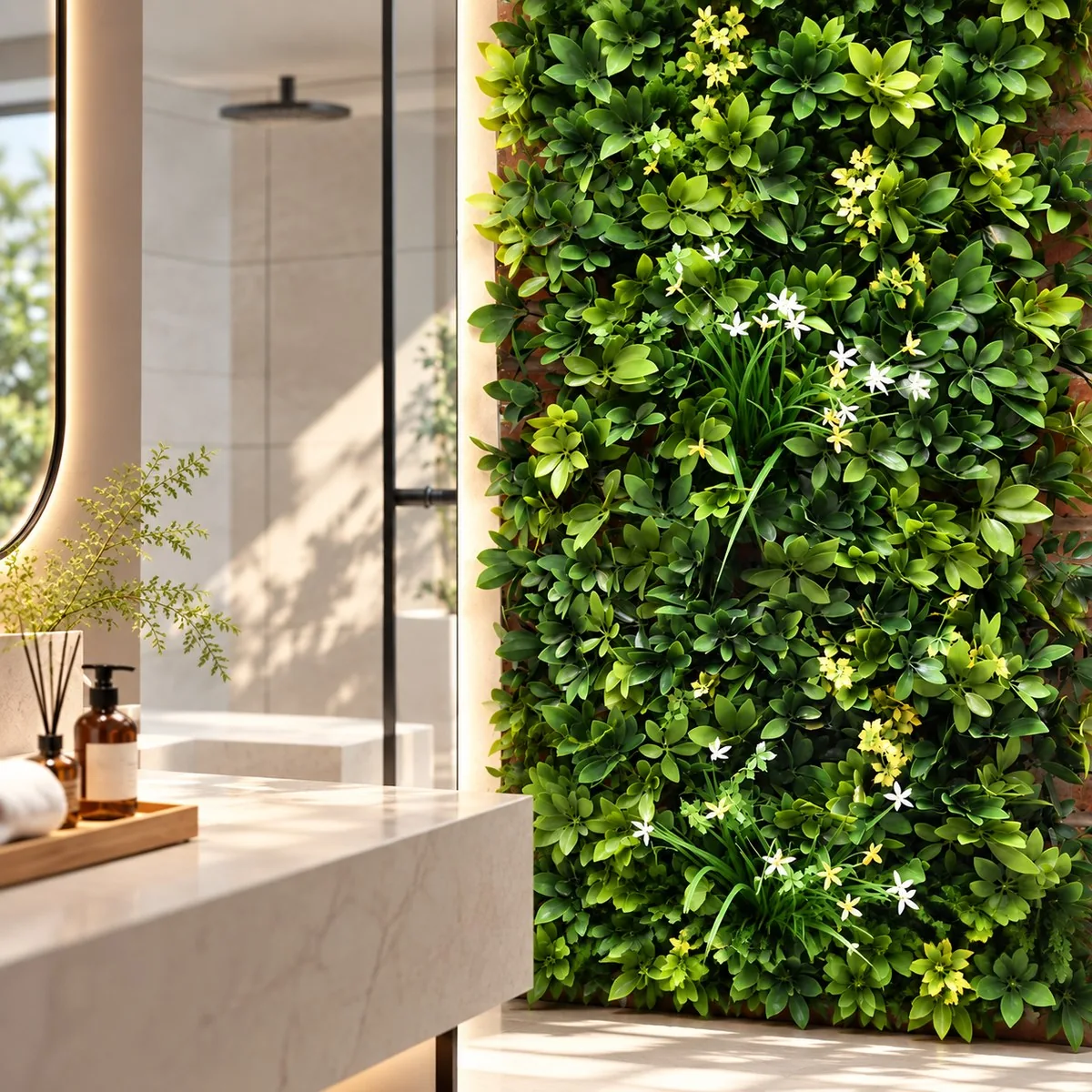 Artificial green wall panel behind a bathroom vanity, with white flowers among boxwood foliage